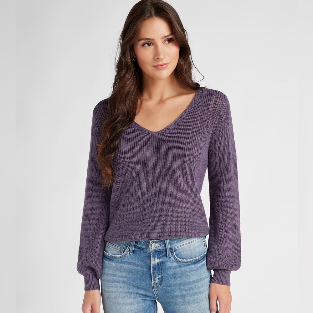 78 & Sunny Coastal V-Neck Balloon Sleeve Sweater - S